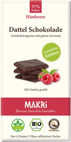 Bio-Dattel-Schokolade mit Himbeeren ohne raffinierten Zucker - jetzt online kaufen bei Natur.com