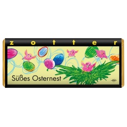 Dunkle Milchschokolade Süßes Osternest mit Himbeer-Karamell und Fruchtnougat, handgeschöpft